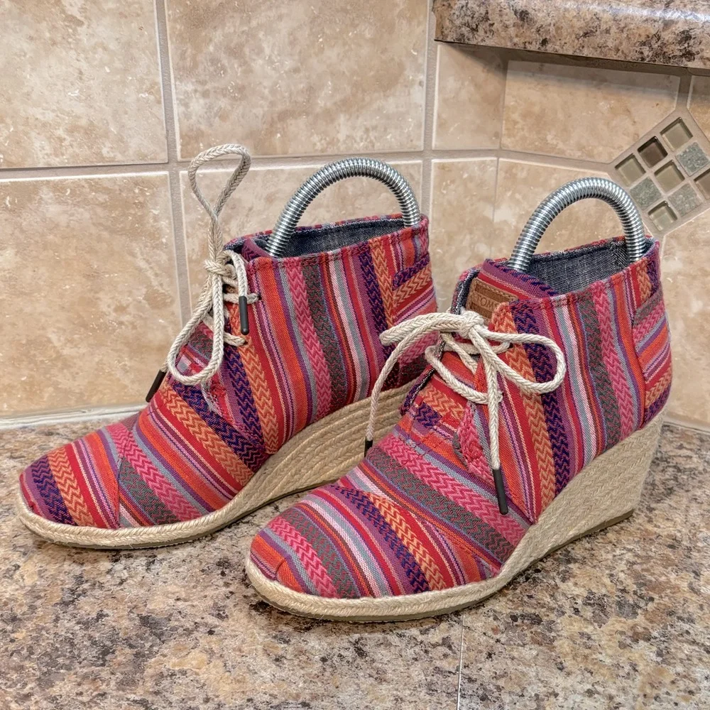 Toms Mexican Serape Blanket Hemp Linen Espadrille Wedge Ankle Booties Si…